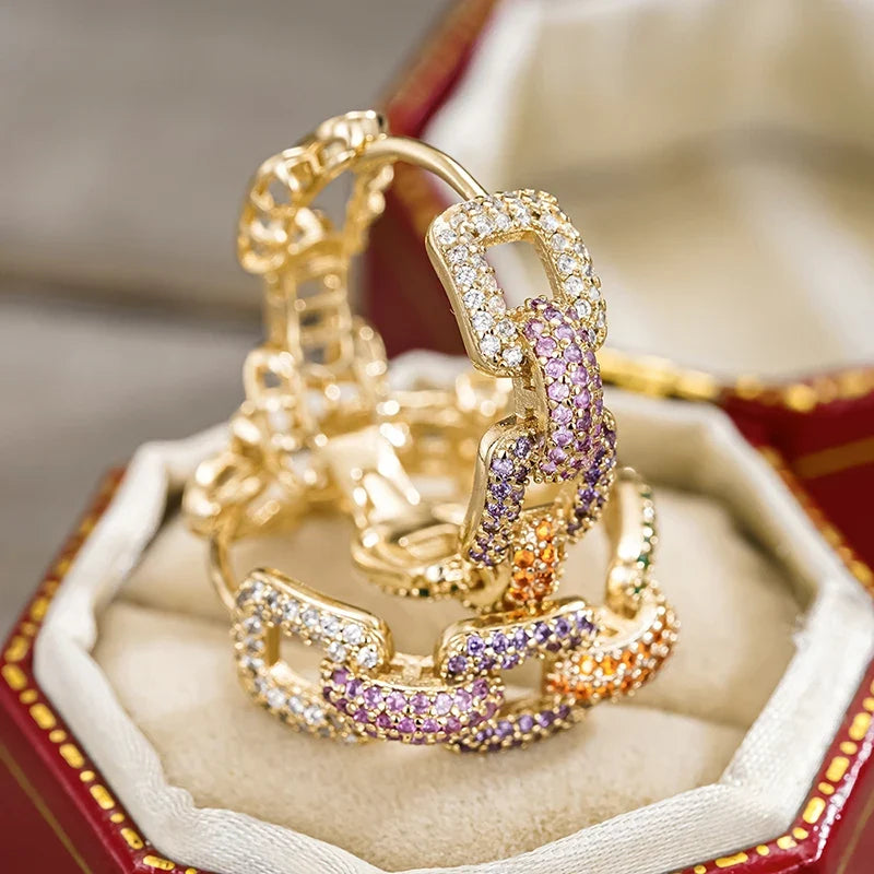 Huitan CZ Hoop Earrings – Gold Chain Linked Circle for Women