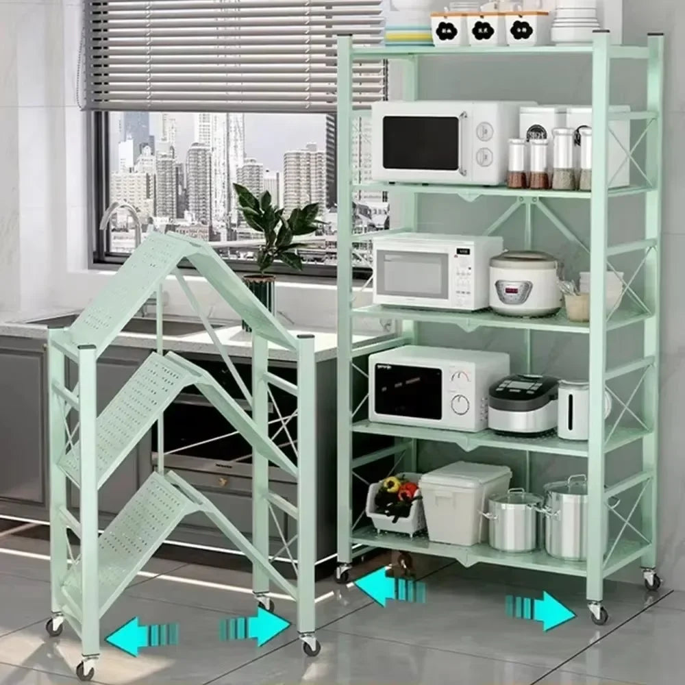 Foldable Multilayer Storage Rack with Wheels | Iron Frame Shelf