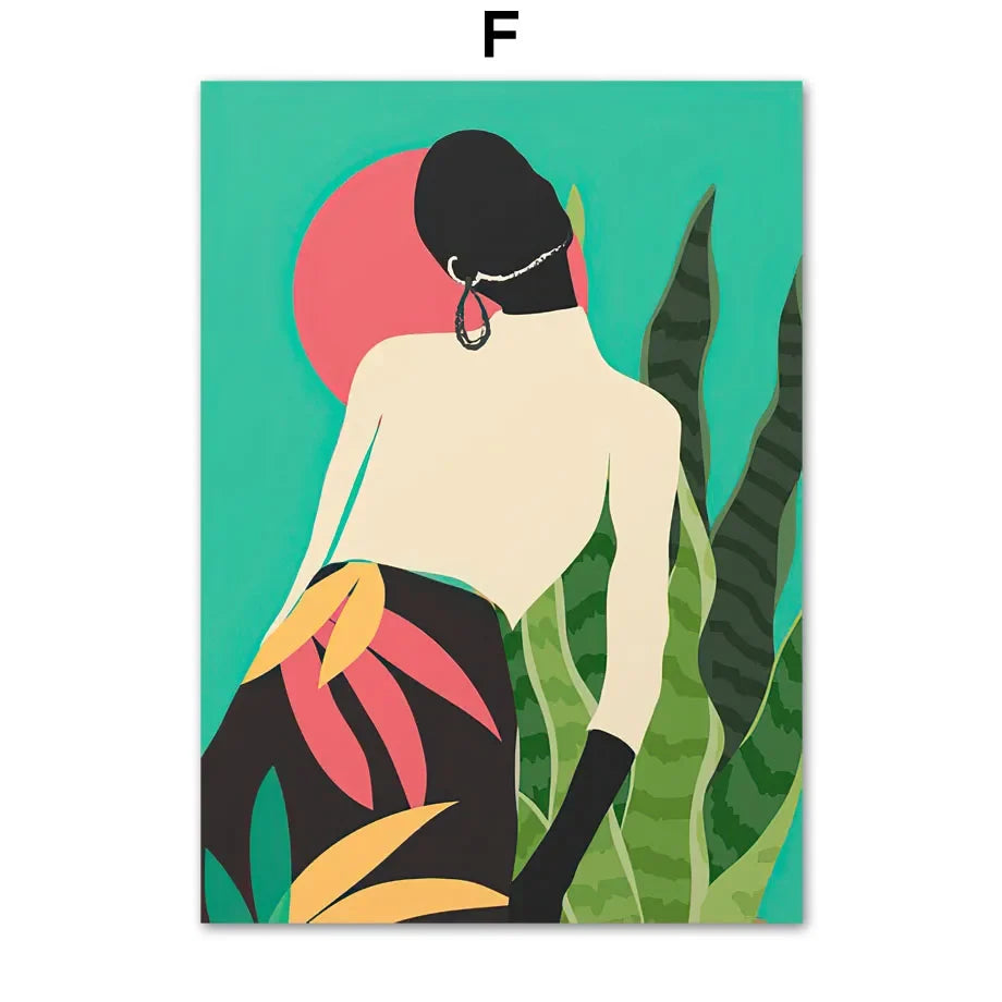 Abstract African Woman Floral Canvas Wall Art | Nordic Print