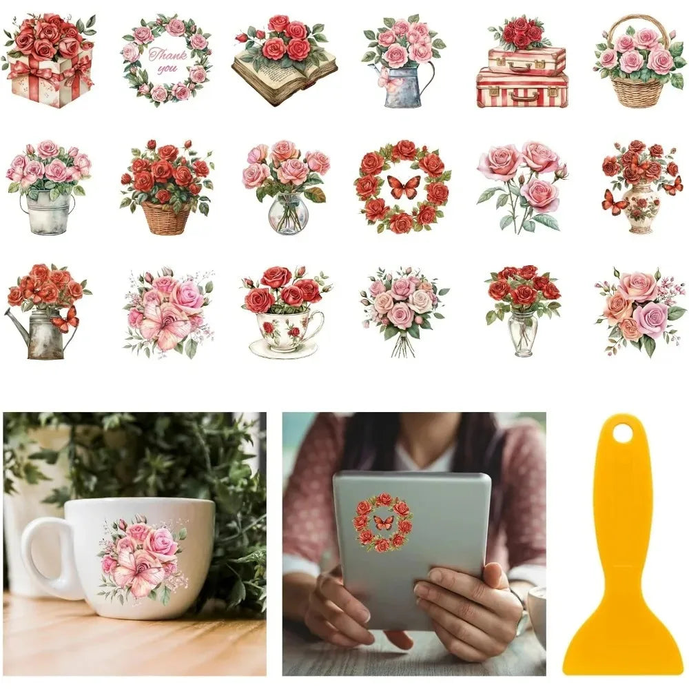18 Rose Rub-On Transfer Decals – Floral & Butterfly Stickers