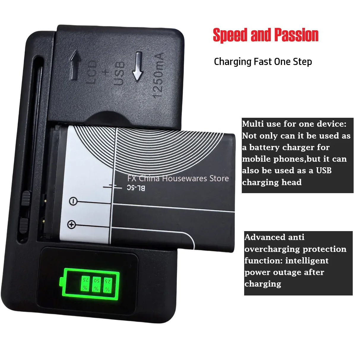 Universal LCD Battery Charger with USB Port | 32–55mm