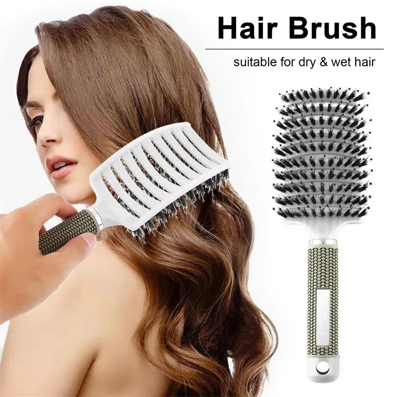 Women's Boar Bristle Hair Brush Scalp Massage Comb Wet Curly Detangle