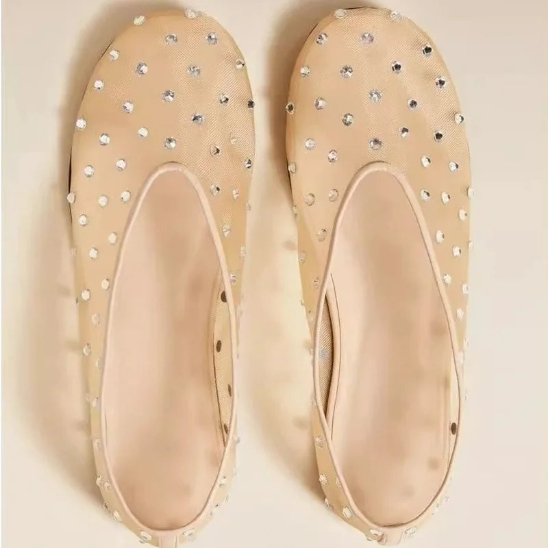 Women's Mesh Floral Ballet Flats – Crystal Bead Mary Jane Shoes