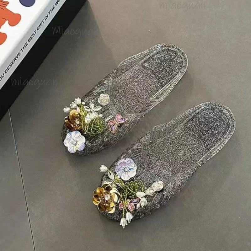 Crystal Flower Jelly Sandals – Women's Beach Slip-On Slippers