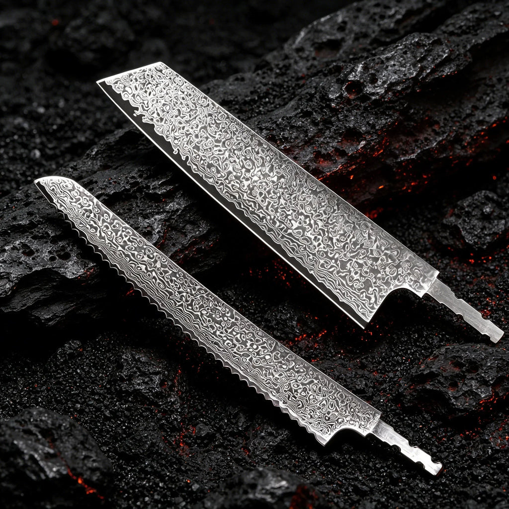 Damascus Steel Kiritsuke & Bread Knife Blade Set | DIY Kit