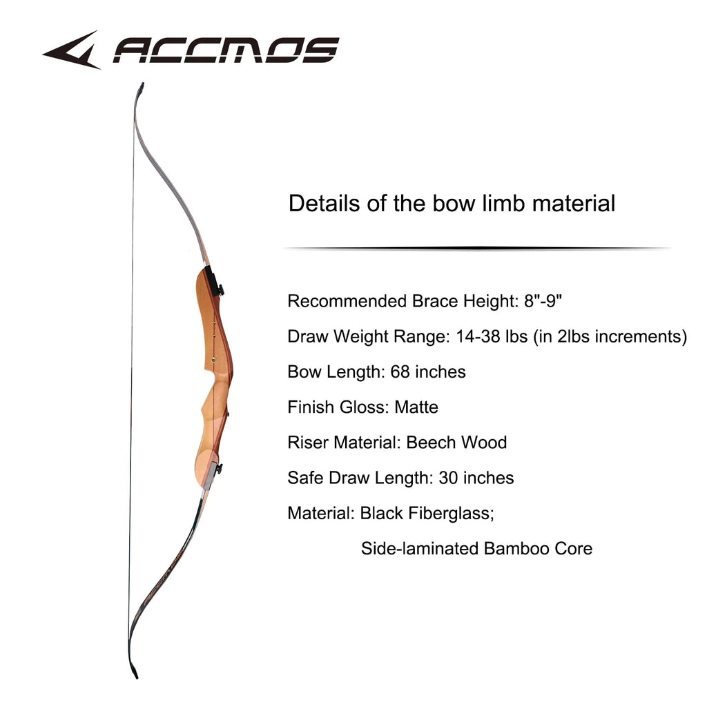 ACCMOS Recurve Bow Wooden 16-40lbs Fiberglass Limbs Outdoor Archery