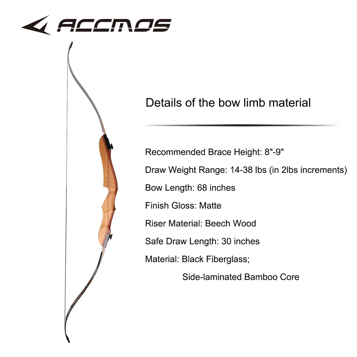 ACCMOS Recurve Bow Wooden 16-40lbs Fiberglass Limbs Outdoor Archery