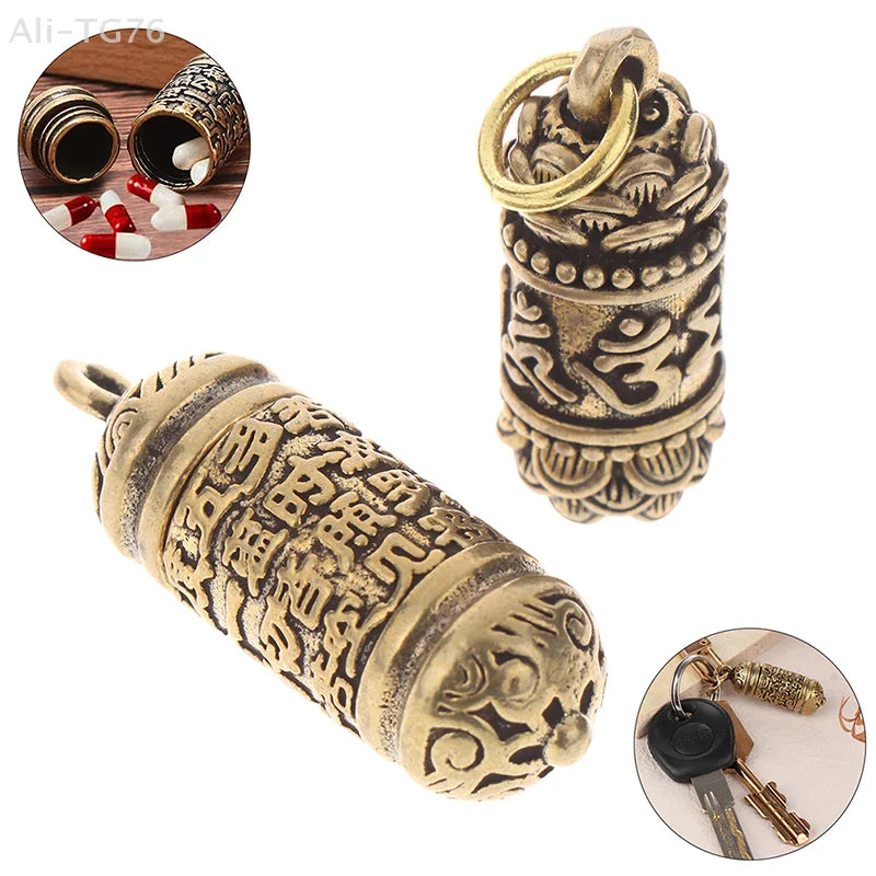 Handmade Hollow Brass Buddha Sutra Cylinder Keychain Pendant