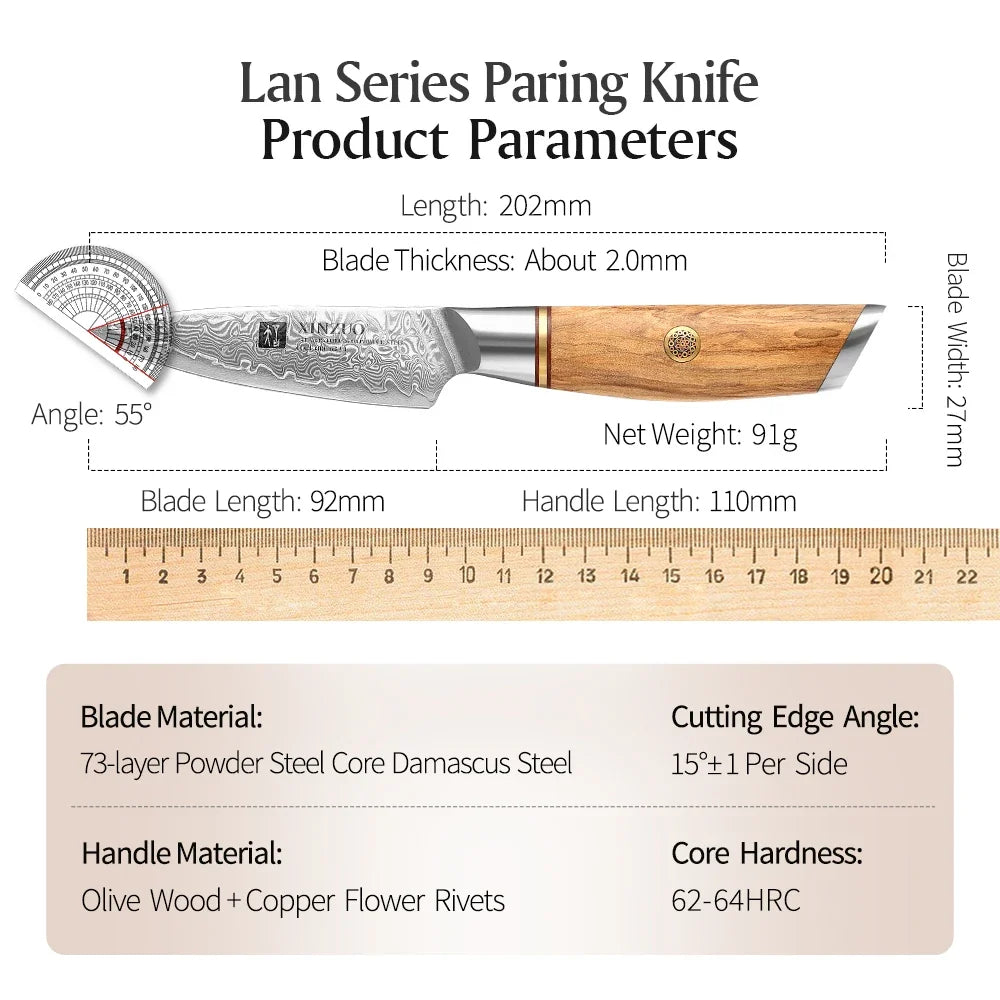 XINZUO 3.5" Damascus Steel Paring Knife – VG10 Core, Olive Wood