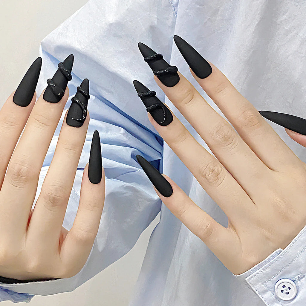 Matte Black 3D Almond Press On Nails – Punk Y2K Style 10pcs