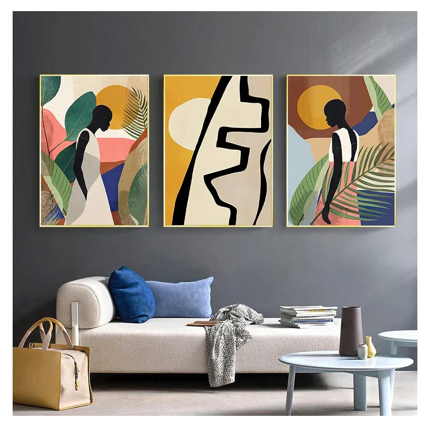 Scandinavian Vintage Girl Canvas Wall Art | Geometric Abstract Print