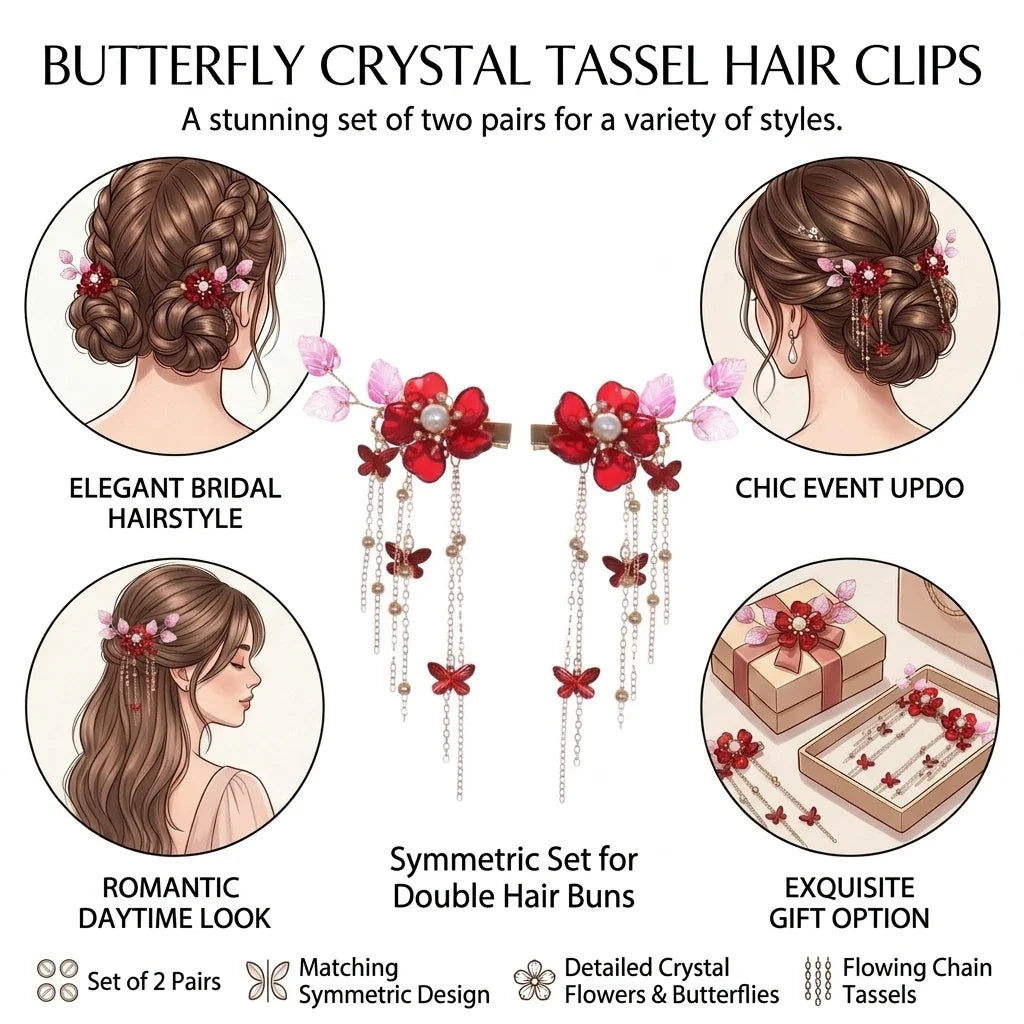 Butterfly Crystal Tassel Hair Clips 2 Pairs – Alloy Barrettes