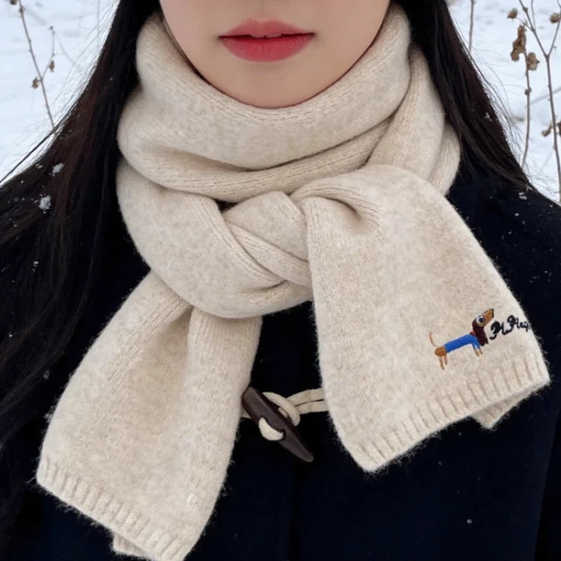 Korean Embroidered Puppy Knit Neck Gaiter | Cozy Scarf