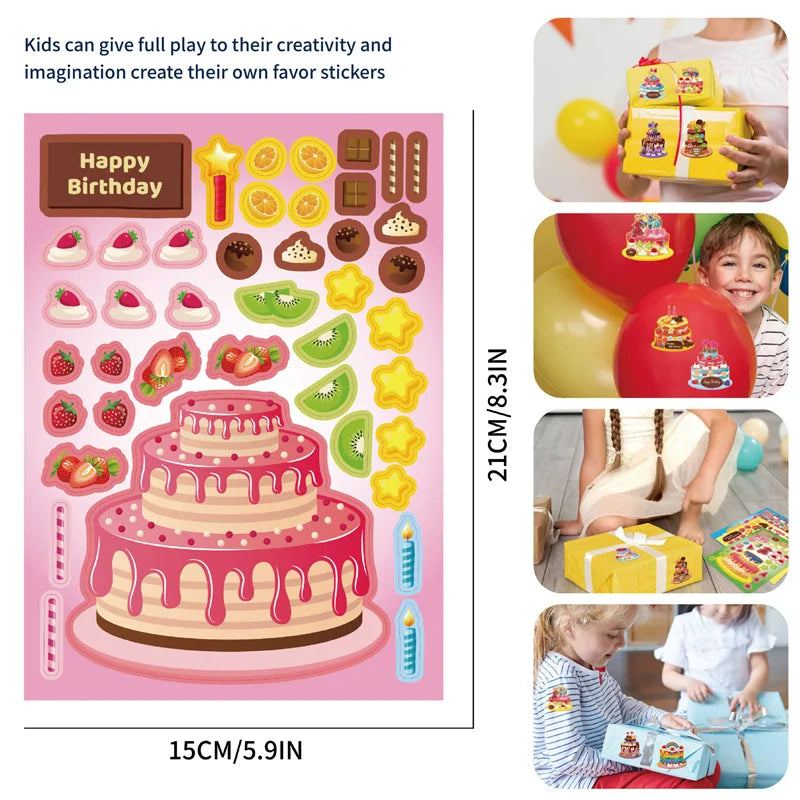 Puzzle Assemble Birthday Cake Stickers Sheets Kids Children Party