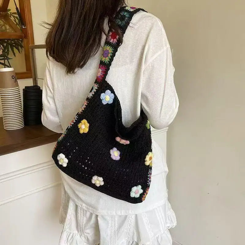 Large Boho Floral Crochet Tote Bag | Hollow Knit Handbag