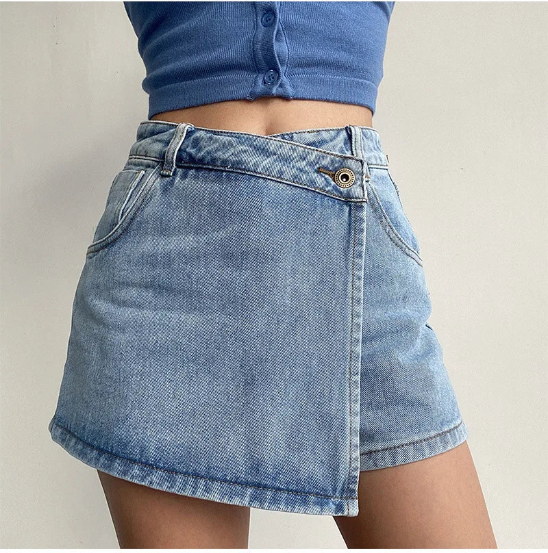 Women's High-Waist Denim Skort – Fake Two-Piece Jean Skirt
