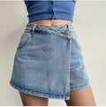 Women's High-Waist Denim Skort – Fake Two-Piece Jean Skirt