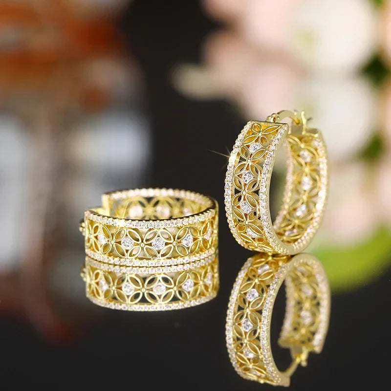 Huitan Gold CZ Hollow Flower Hoop Earrings | Bridal Jewelry