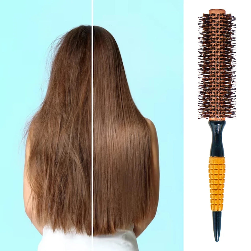 Boar Bristle Round Brush – Wood Handle Anti-Static Hair Comb