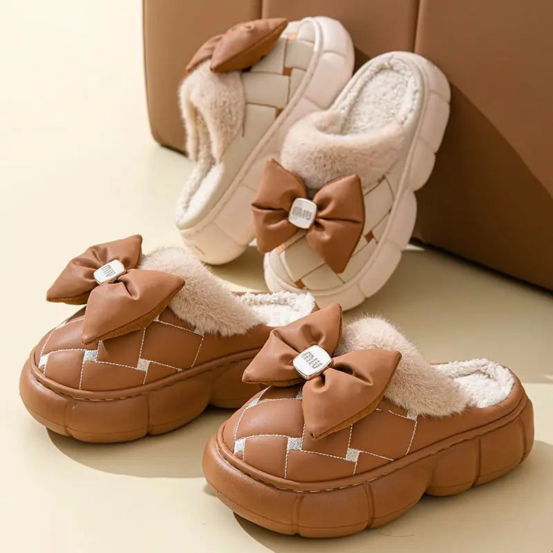 Women's Plush Faux Fur Bow Slippers – Warm Indoor Slides