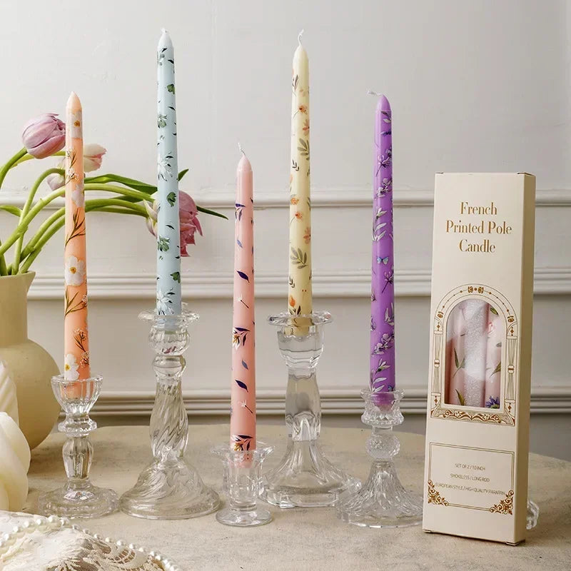 French Rose Printed Soy Wax Taper Candles – Set of 2 | Home Décor
