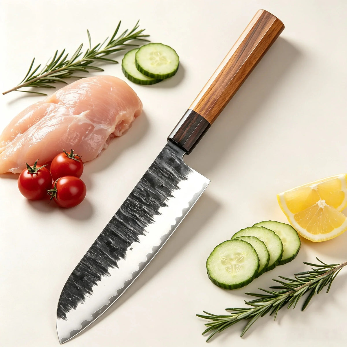 Hammer Forged Santoku Knife – Stainless Steel & Wood Handle