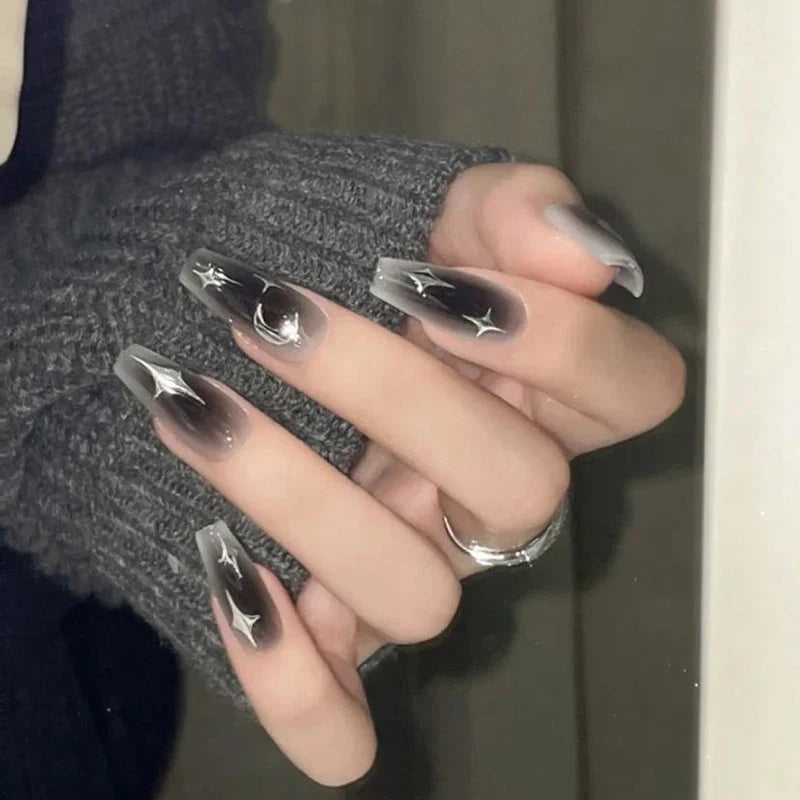Y2K Black Ballet Press-On Nails Moon Star Design 24pcs