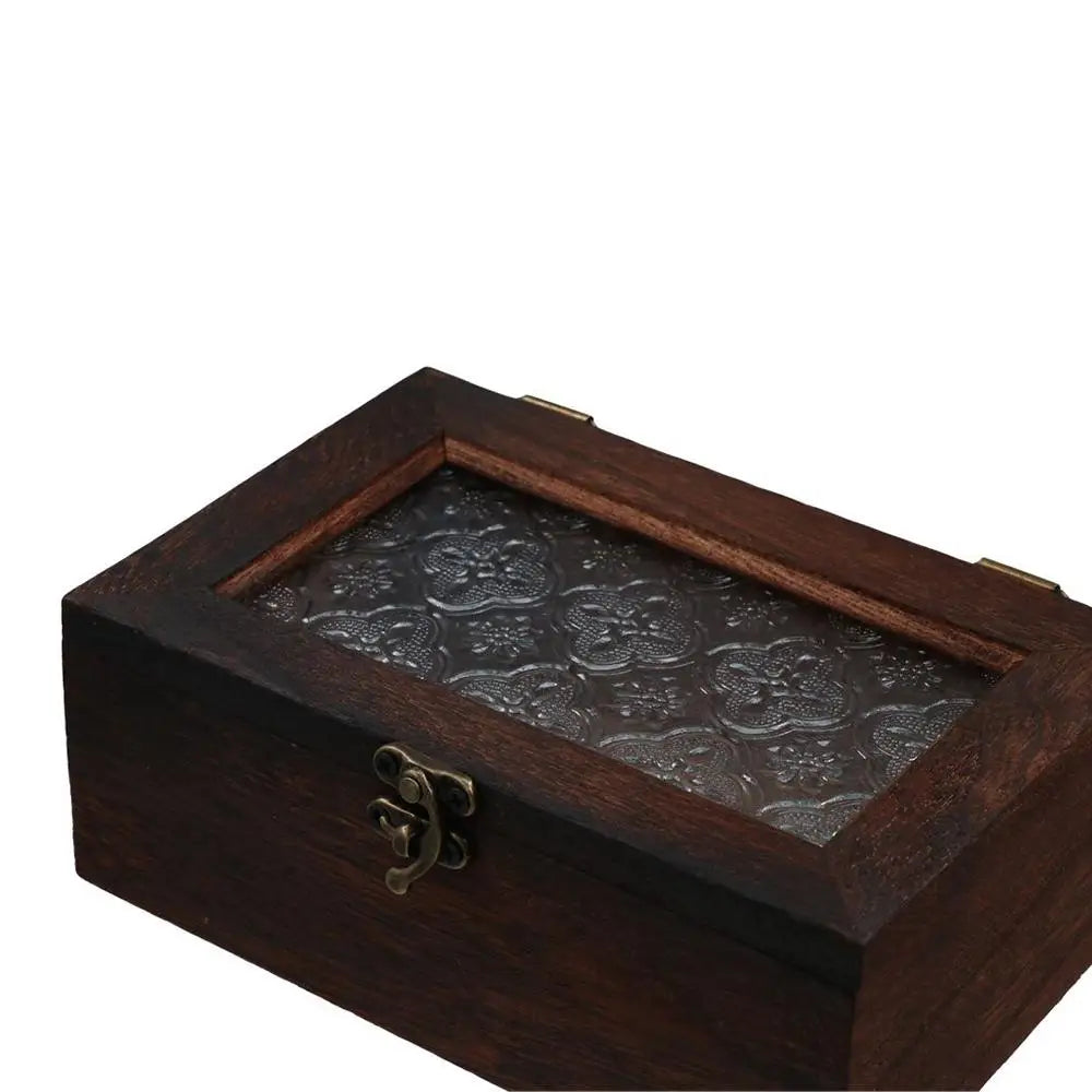 Vintage Wooden Jewelry Box with Floral Glass Lid | Trinket Storage