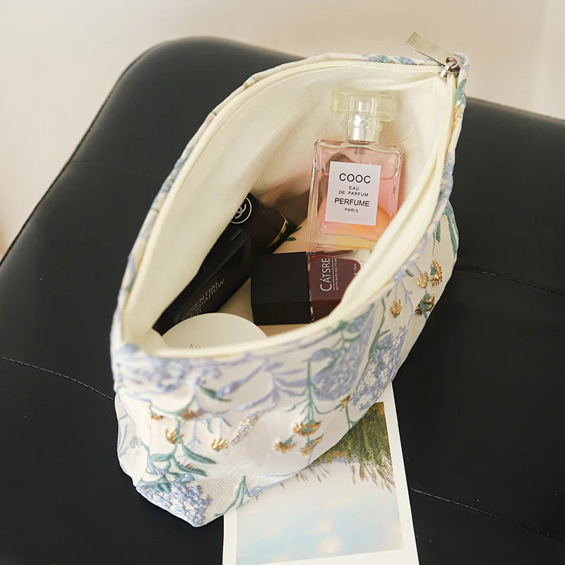 Blue Bouquet Women Makeup Bag Large Capacity Canvas Toiletry Bag-for