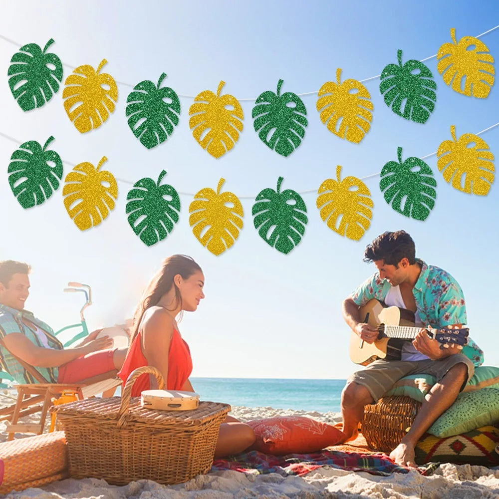 Glitter Tropical Leaf Banner Monstera Palm Leaves Garland Hawaiian