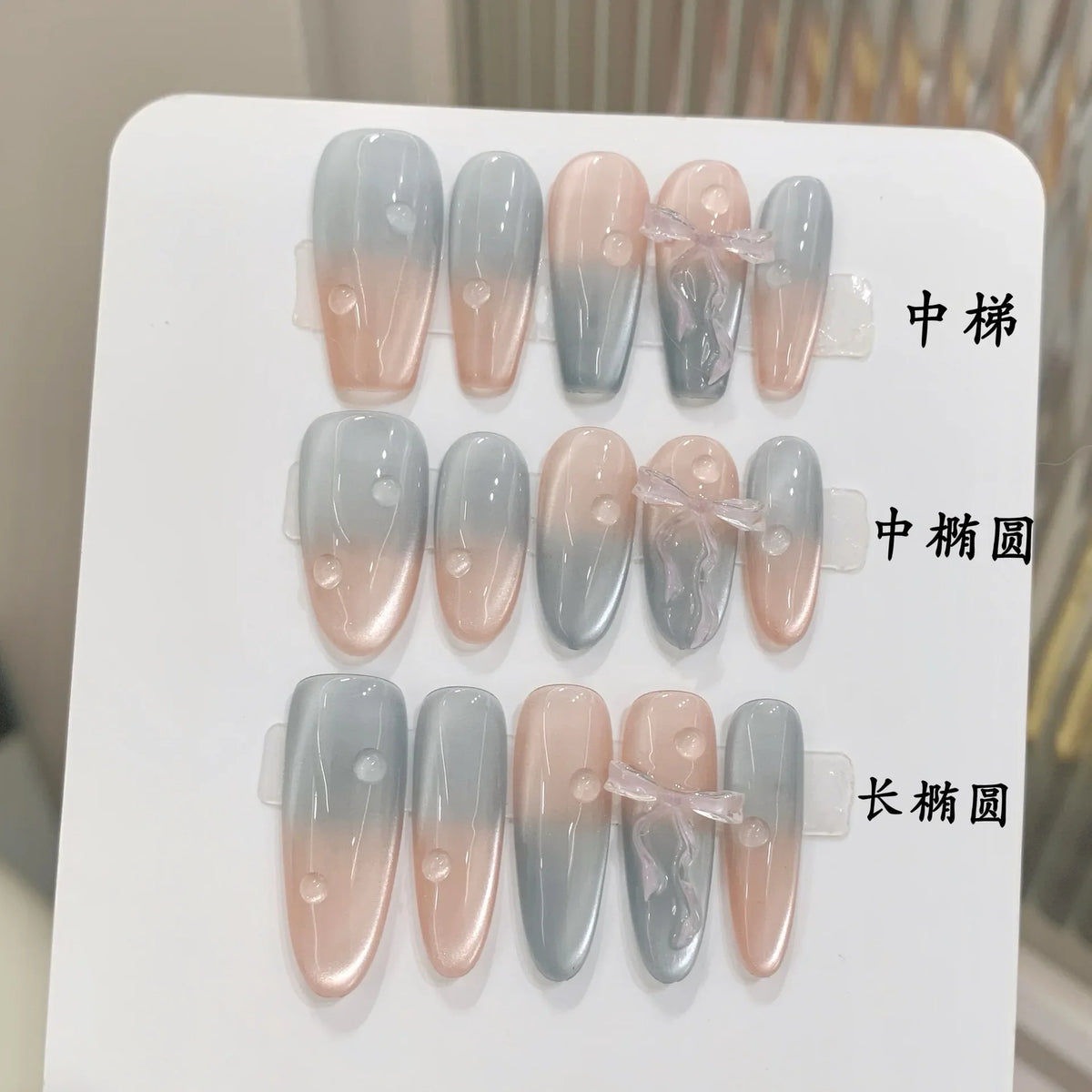 Gradient Blue Press On Nails Pink Bow | Korean Nail Art 10pcs