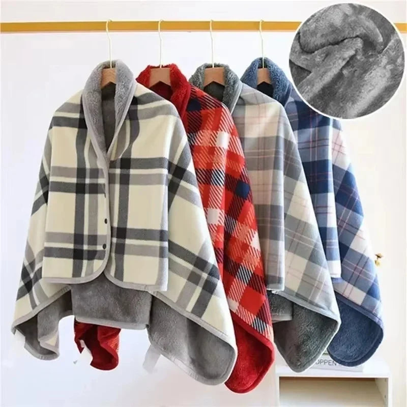 Wearable Plaid Fleece Throw Blanket with Button | Shawl Wrap