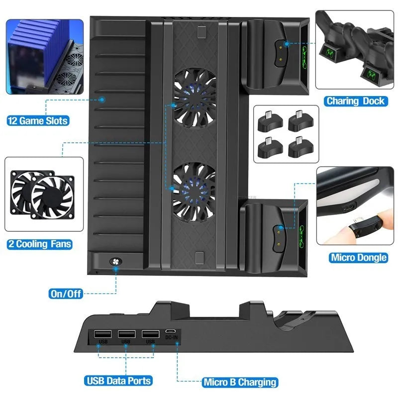 PS4 Cooling Stand Fan – Dual Charger, 12 Game Slots & USB Hub