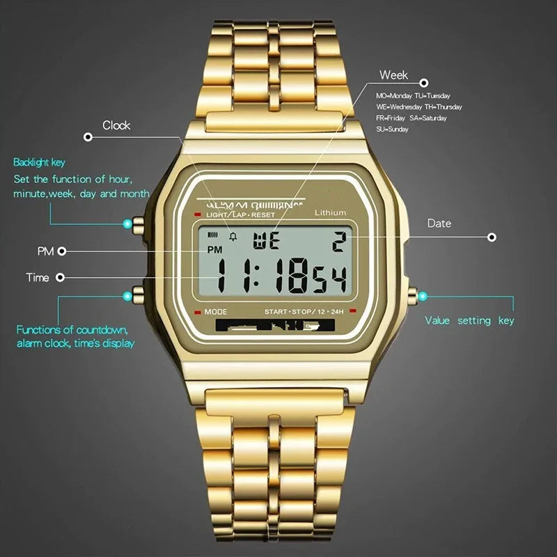 Multifunction LED Digital Sports Watch – Men & Women Steel Strap