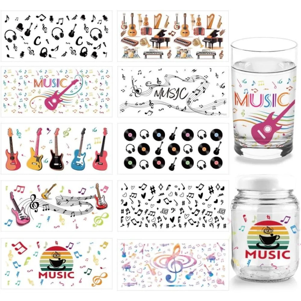 10-Sheet Music Theme UV DTF Cup Wraps for 16oz Glass DIY