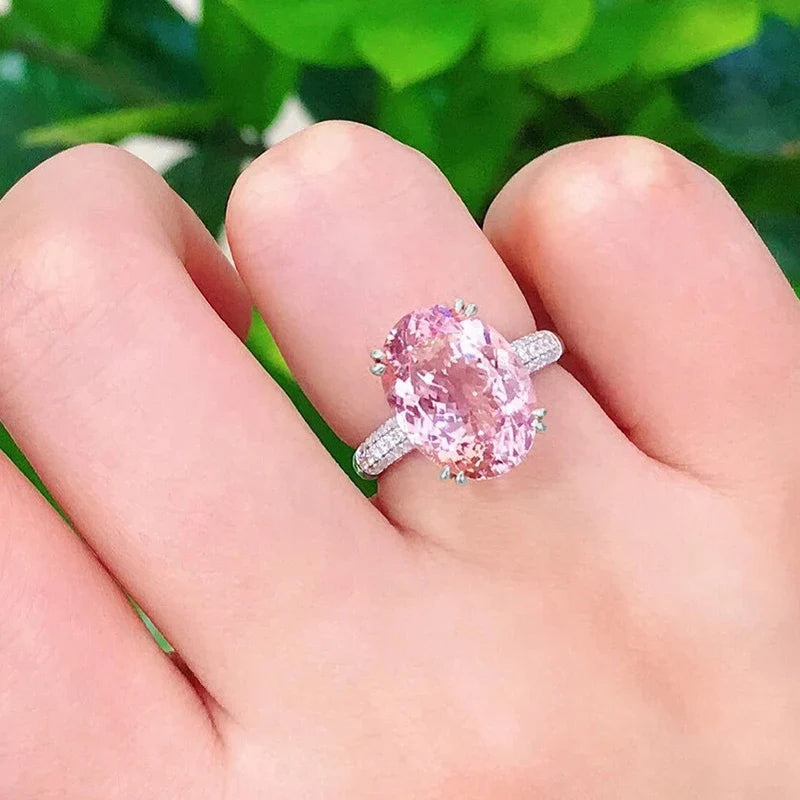 Huitan Big Oval Pink CZ Ring for Women – Statement Wedding Ring