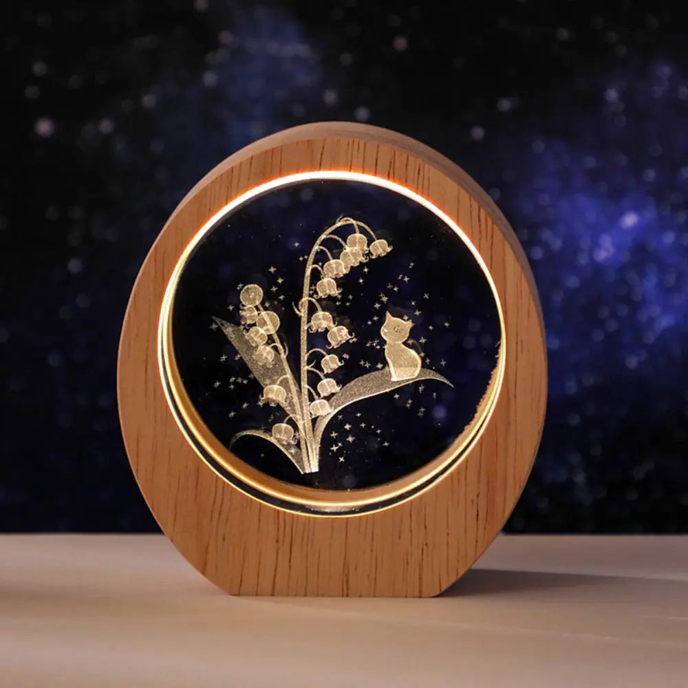3D Solar System Planet Night Light – Wood Base Crystal Glow