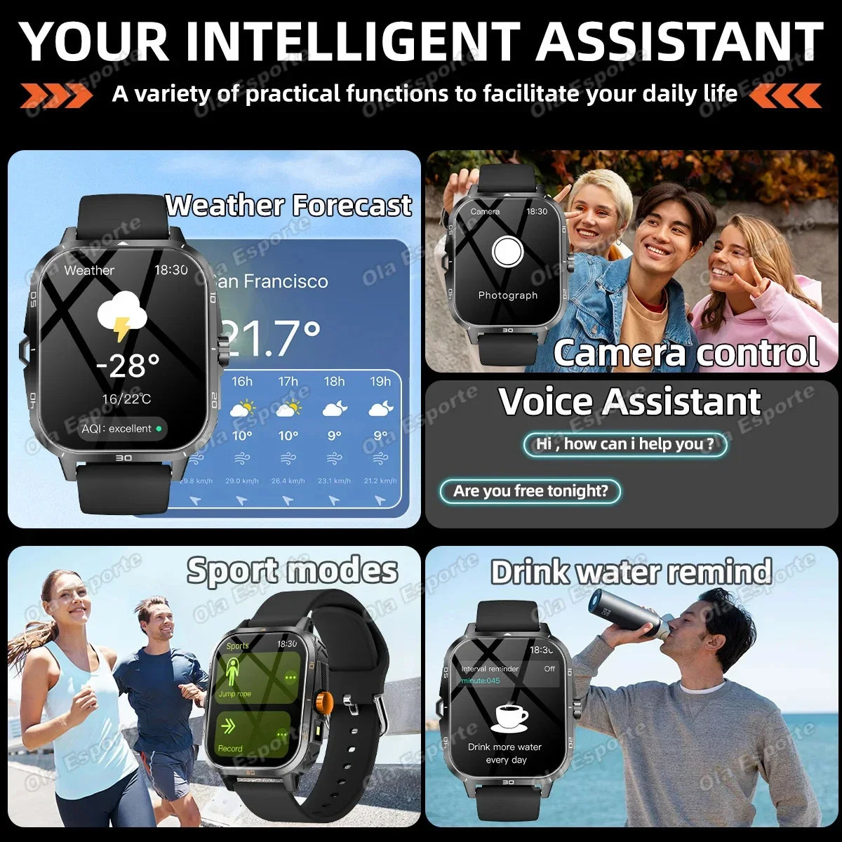 Ola Esporte HW12 Military Smartwatch | Flashlight & Bluetooth Call