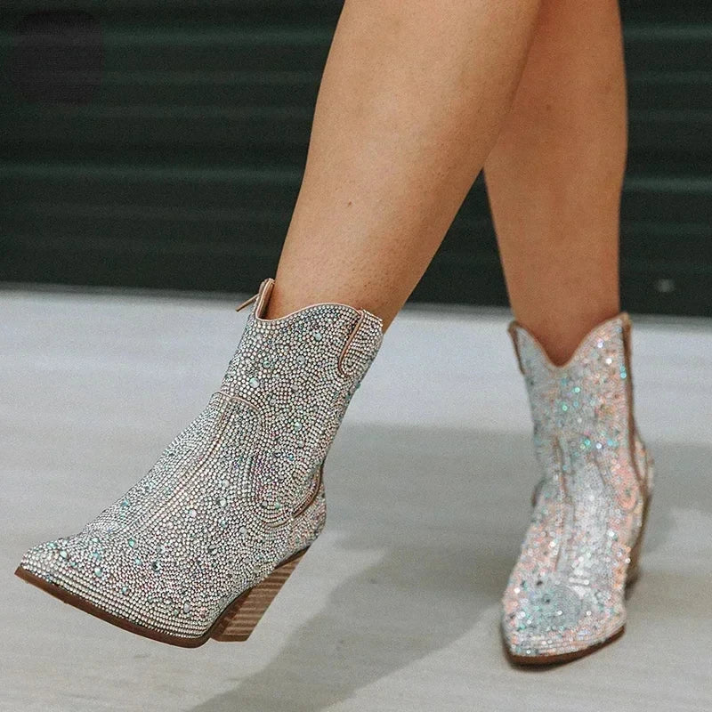 Women's Glitter Cowboy Ankle Boots – Sequin Western High Heel