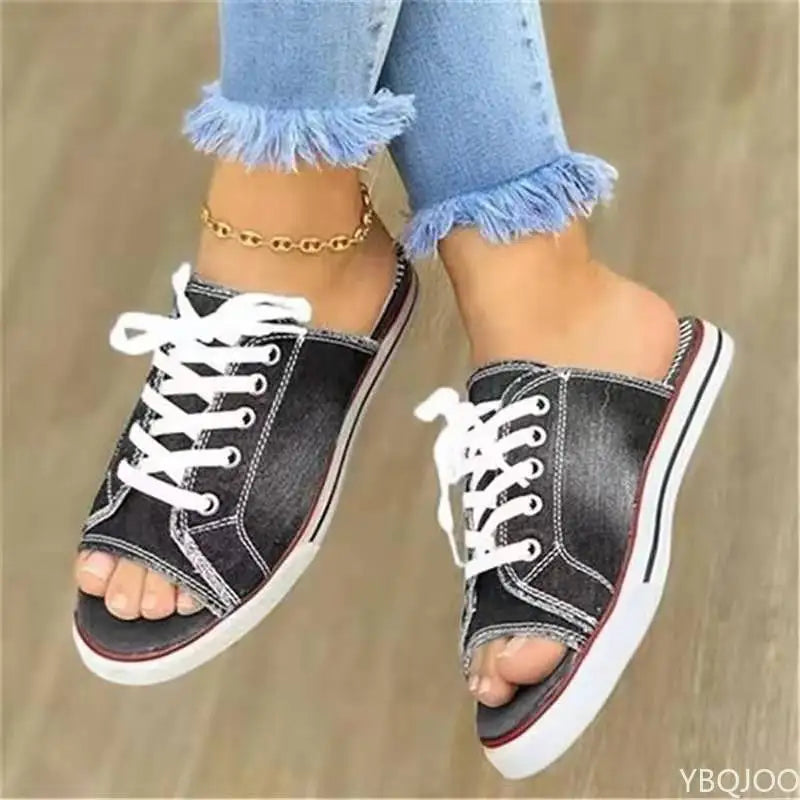 Women's Canvas Lace-Up Flat Sandals | Open Toe Summer Slides
