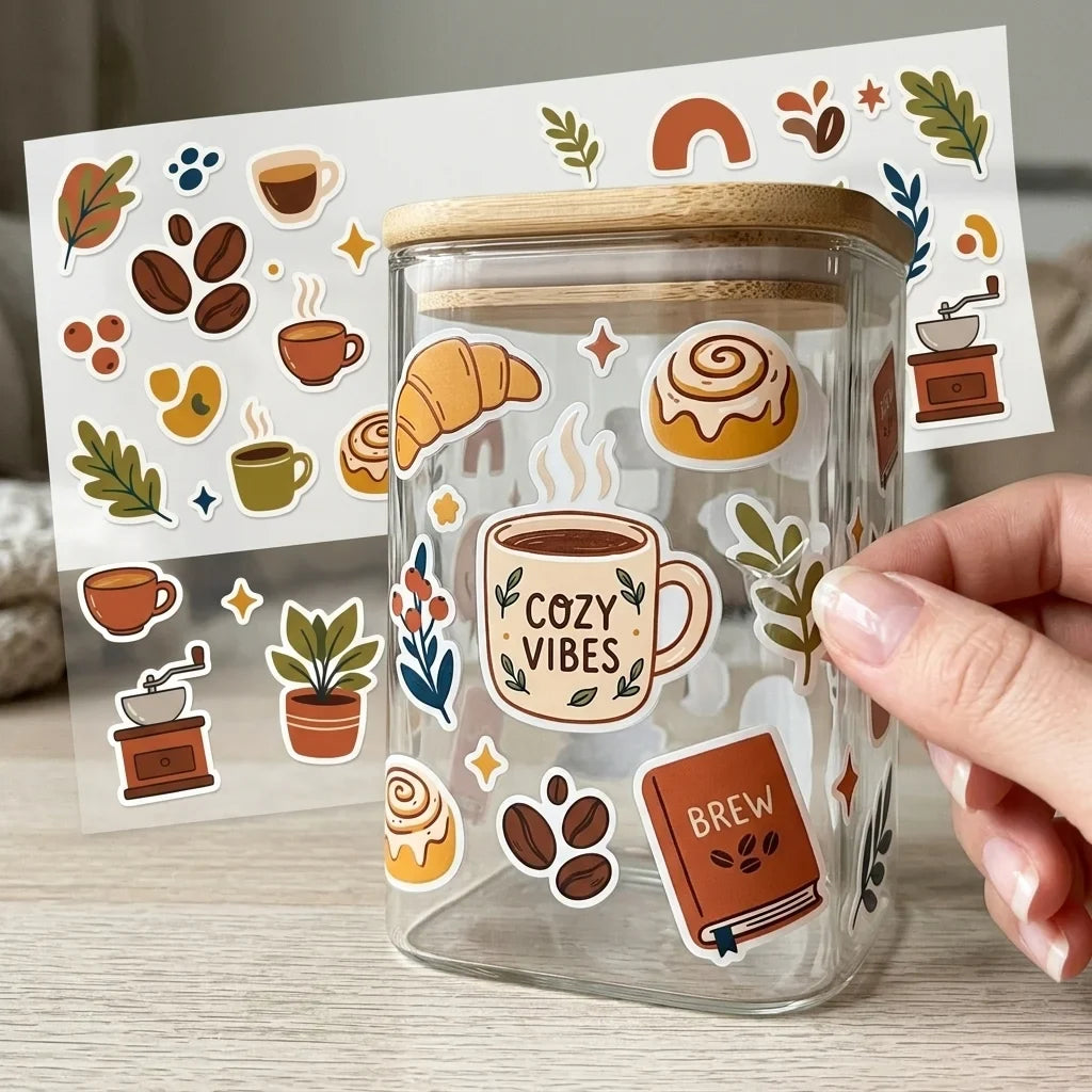 Cozy Coffee UV Transfer Stickers – Waterproof Cafe Decals