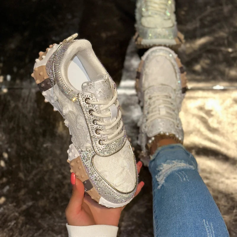 Women's Rhinestone Sneakers – Thick Sole Casual Sport Shoes