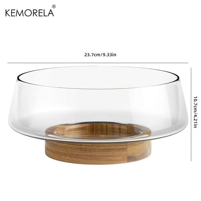 KEMORELA Hand-Blown Glass Salad Bowl Set with Wooden Base