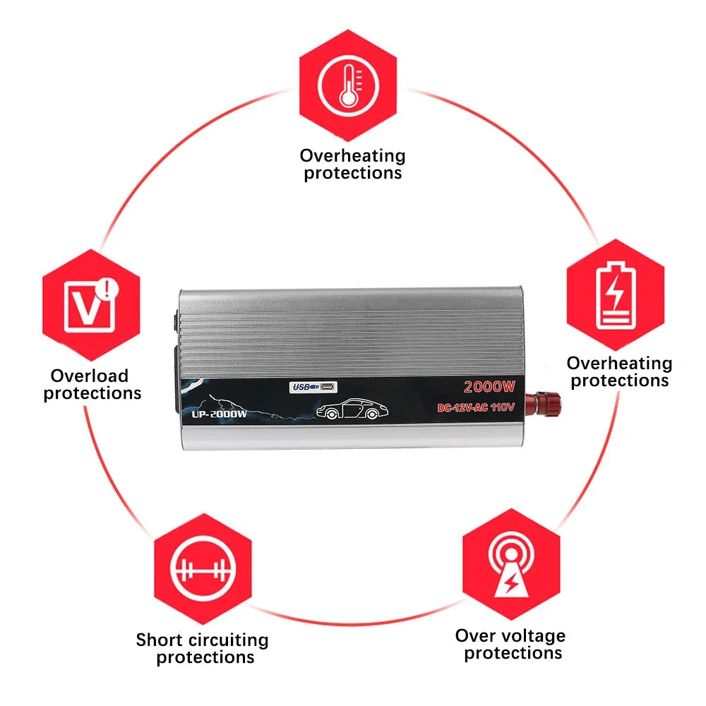 2000W Car Power Inverter 12V to 220V Pure Sine Wave + USB