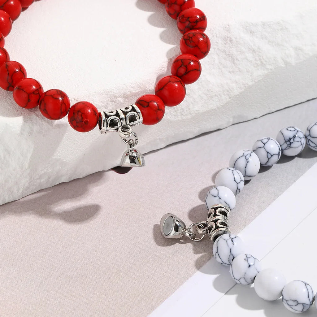 Natural Stone Bead Couple Bracelets Set – Heart Magnet, 2 Pcs