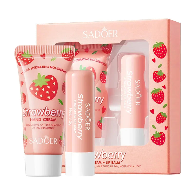 BIOAOUA Strawberry Hand Cream & Lip Balm Set – Moisturizing