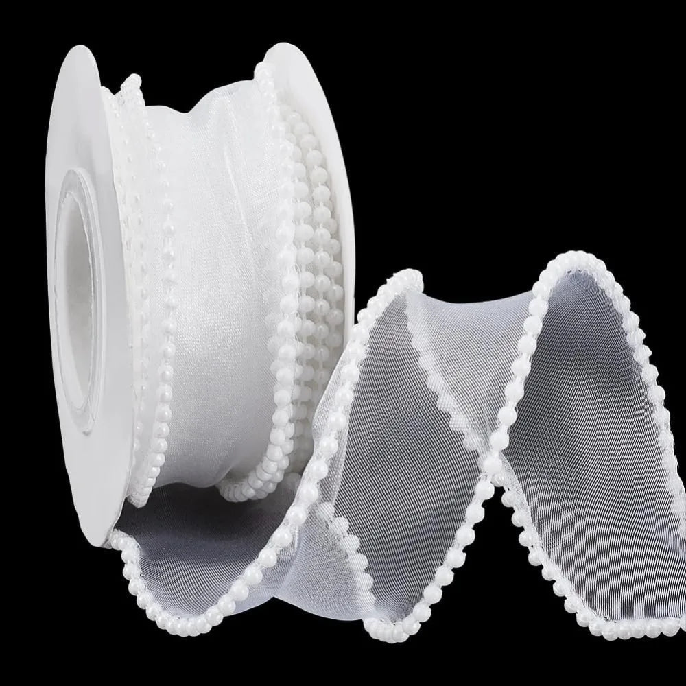 White Pearl Edge Sheer Wired Ribbon 40mm x 4.5m | Craft Ribbon