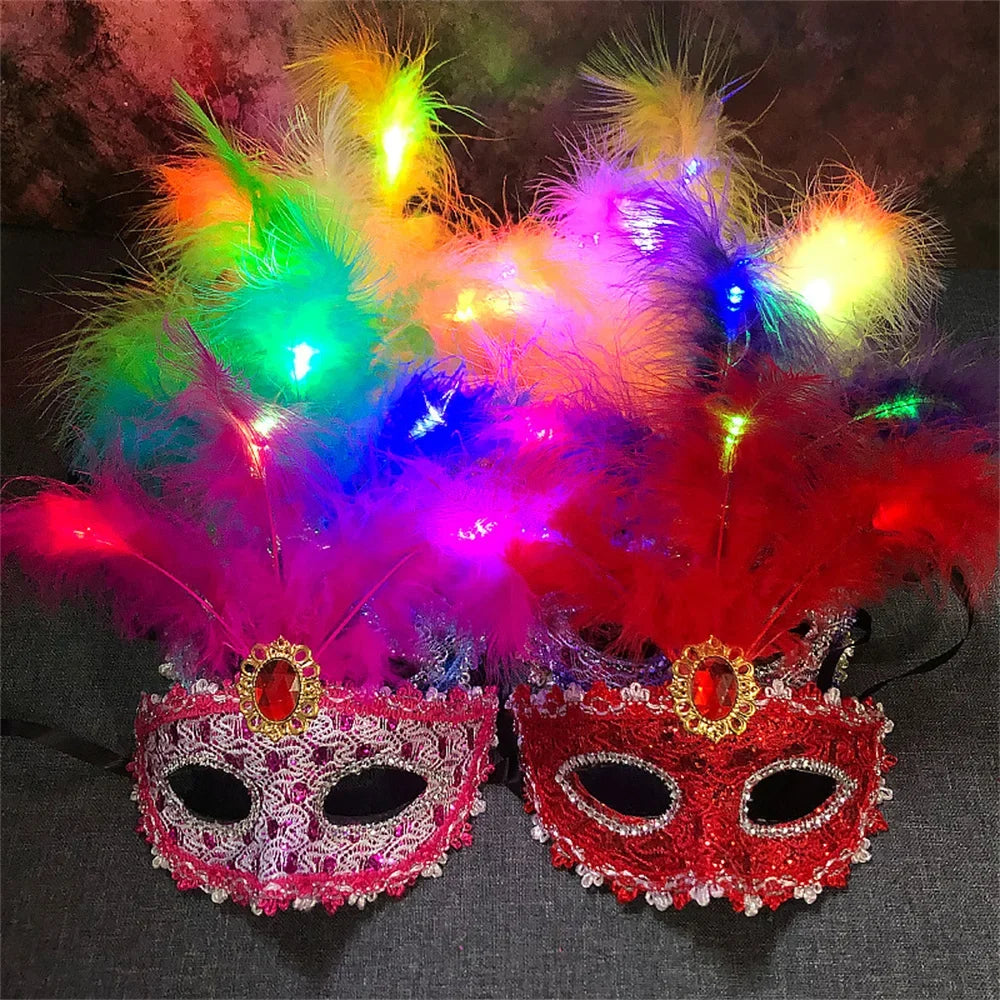 Women LED Party Mask Masquerade Luxury Peacock Feathers Half Face