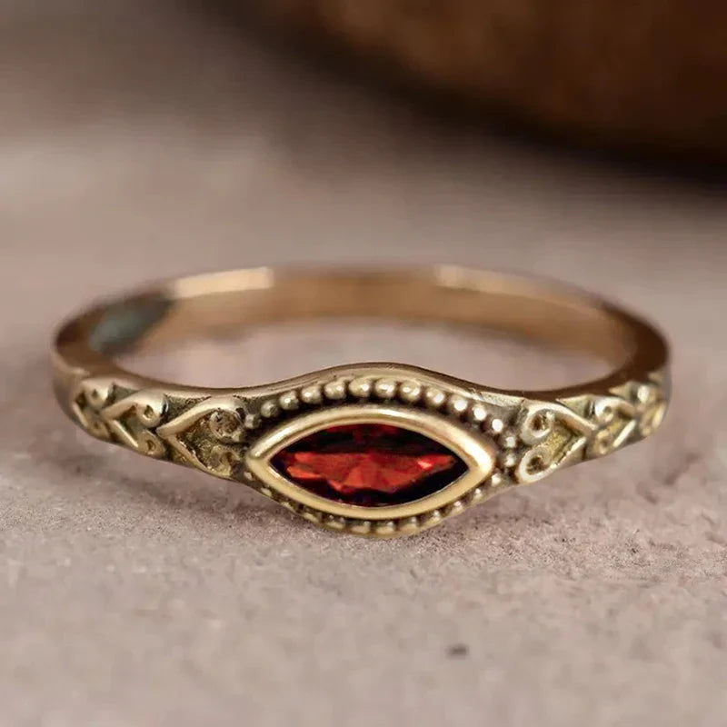 Huitan Vintage Gold-Tone Garnet Marquise CZ Ring | Women