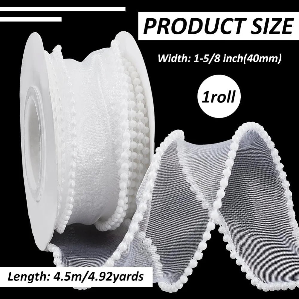 White Pearl Edge Sheer Wired Ribbon 40mm x 4.5m | Craft Ribbon